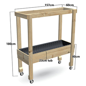 Large Raised Garden Bed with Grow Frame on Wheels - 80cm high, 23cm tub - 157 x 60 x 180cm, dimensions labelled