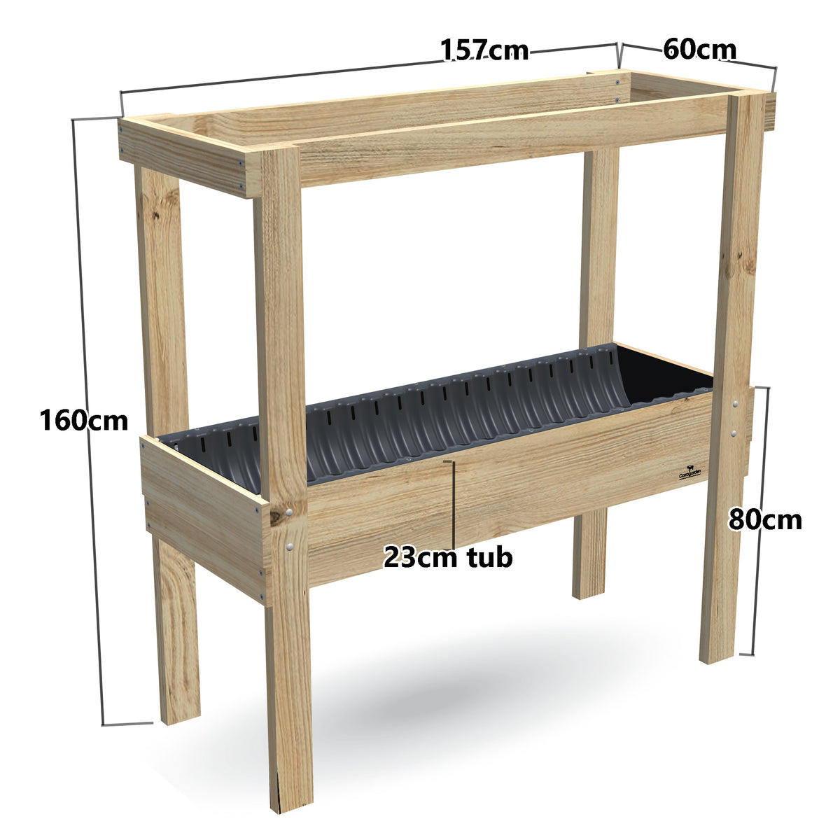 Large Raised Garden Bed with Grow Frame - 80cm high, 23cm tub - 157 x 60 x 160cm, dimensions labelled