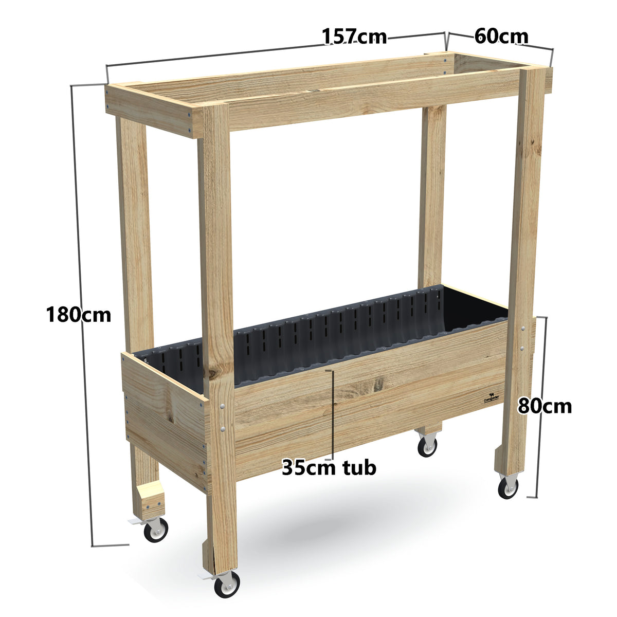 Large Raised Garden Bed with Grow Frame on Wheels - 80cm high, 35cm tub - 157 x 60 x 180cm, dimensions labelled