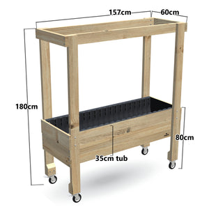 Large Raised Garden Bed with Grow Frame on Wheels - 80cm high, 35cm tub - 157 x 60 x 180cm, dimensions labelled