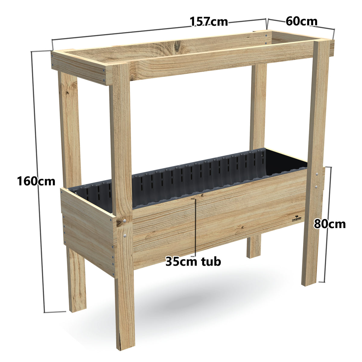 Large Raised Garden Bed with Grow Frame - 80cm high, 35cm tub - 157 x 60 x 160cm, dimensions labelled