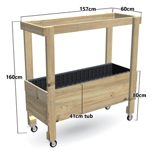 Large Raised Garden Bed with Grow Frame on Wheels - 80cm high, 41cm tub - 157 x 60 x 160cm, dimensions labelled