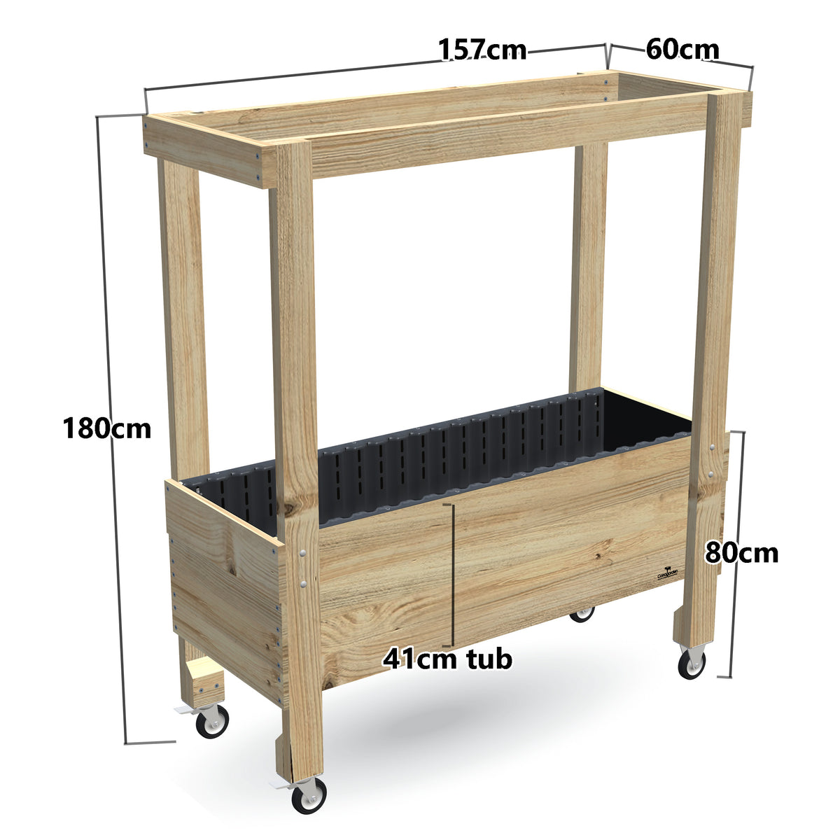 Large Raised Garden Bed with Grow Frame on Wheels - 80cm high, 41cm tub - 157 x 60 x 180cm, dimensions labelled
