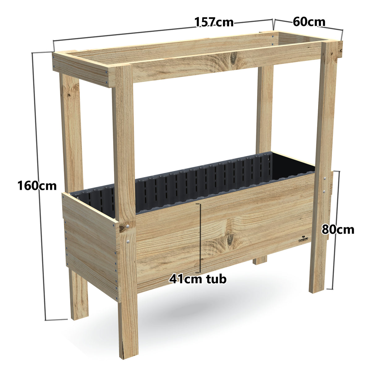 Large Raised Garden Bed with Grow Frame - 80cm high, 41cm tub - 157 x 60 x 160cm, dimensions labelled