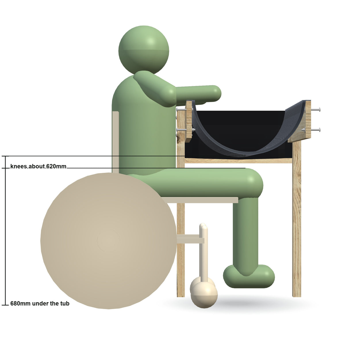 Wheelchair Accessible Raised Garden Bed Kit, side view of a person in a wheelchair rolled in with knees under the tub, 680mm under the tub and knees at about 620mm