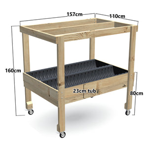 Wide Raised Garden Bed with Grow Frame on Wheels - 80cm high, 23cm tub - 157 x 110 x 160cm, dimensions labelled