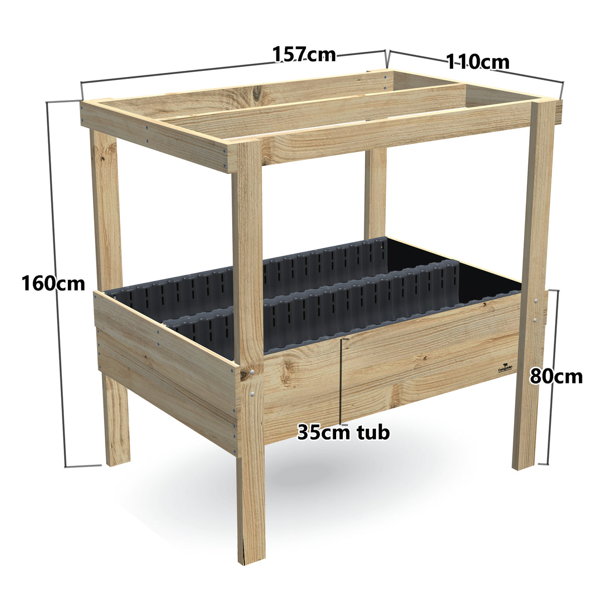 Wide Raised Garden Bed with Grow Frame - 80cm high, 35cm tub - 157 x 110 x 160cm, dimensions labelled
