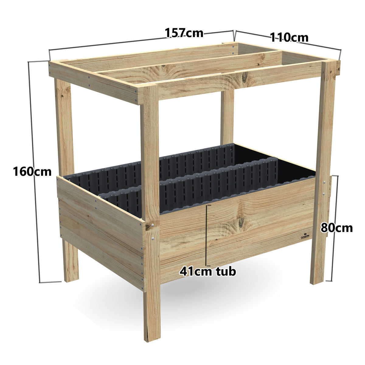 Wide Raised Garden Bed with Grow Frame - 80cm high, 41cm tub - 157 x 110 x 160cm, dimensions labelled