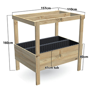 Wide Raised Garden Bed with Grow Frame - 80cm high, 41cm tub - 157 x 110 x 160cm, dimensions labelled