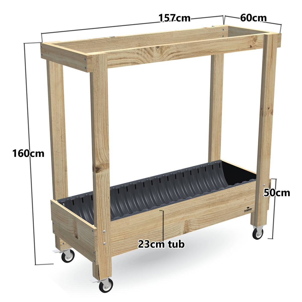 Large Planter Box with Grow Frame on Wheels - 50cm high, 23cm tub - 157 x 60 x 160cm, dimensions labelled
