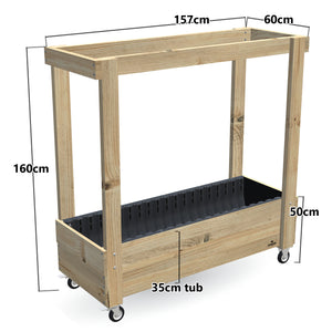 Large Planter Box with Grow Frame on Wheels - 50cm high, 35cm tub - 157 x 60 x 160cm, dimensions labelled