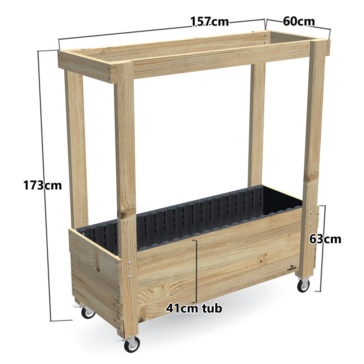 Large Planter Box with Grow Frame on Wheels - 50cm high, 41cm tub - 157 x 60 x 160cm, dimensions labelled