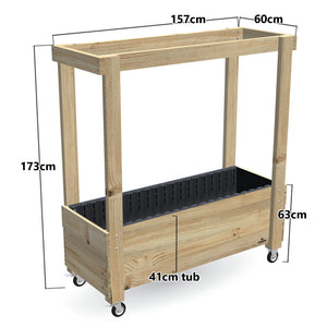Large Planter Box with Grow Frame on Wheels - 50cm high, 41cm tub - 157 x 60 x 160cm, dimensions labelled