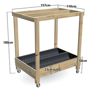 Wide Planter Box with Grow Frame on Wheels - 50cm high, 23cm tub - 157 x 110 x 180cm, dimensions labelled