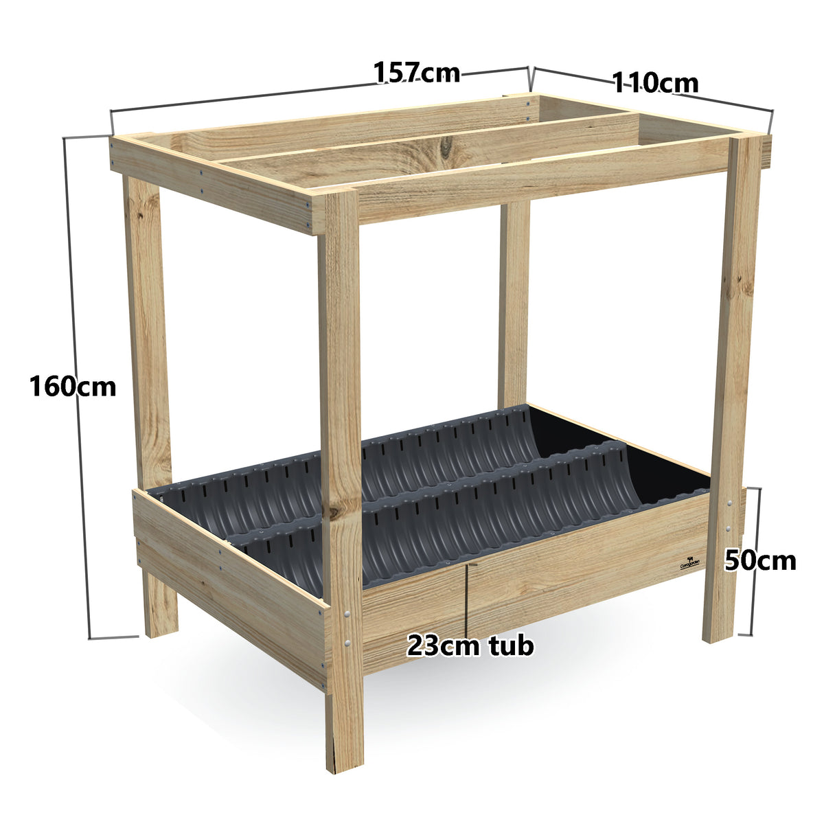 Wide Planter Box with Grow Frame - 50cm high, 23cm tub - 157 x 110 x 160cm, dimensions labelled