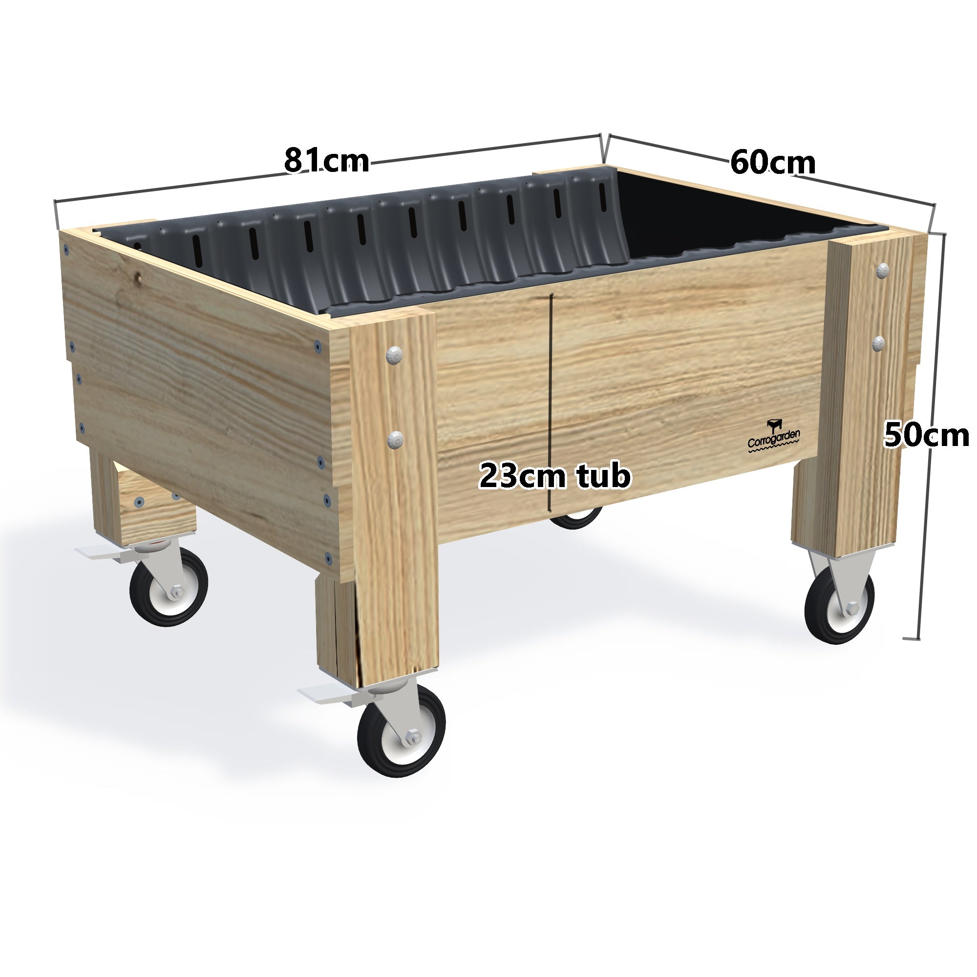 COMPACT Planter Box on Wheels/Castors Kit - 81x60x50cm(h), 23cm — timber garden bed, dimensions labelled