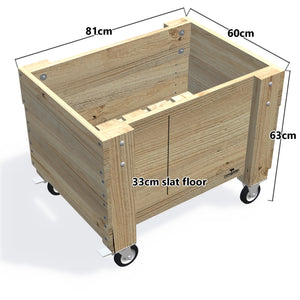 COMPACT Planter Box on Wheels/Castors, 33cm (Slatted Base) — timber garden bed, dimensions labelled