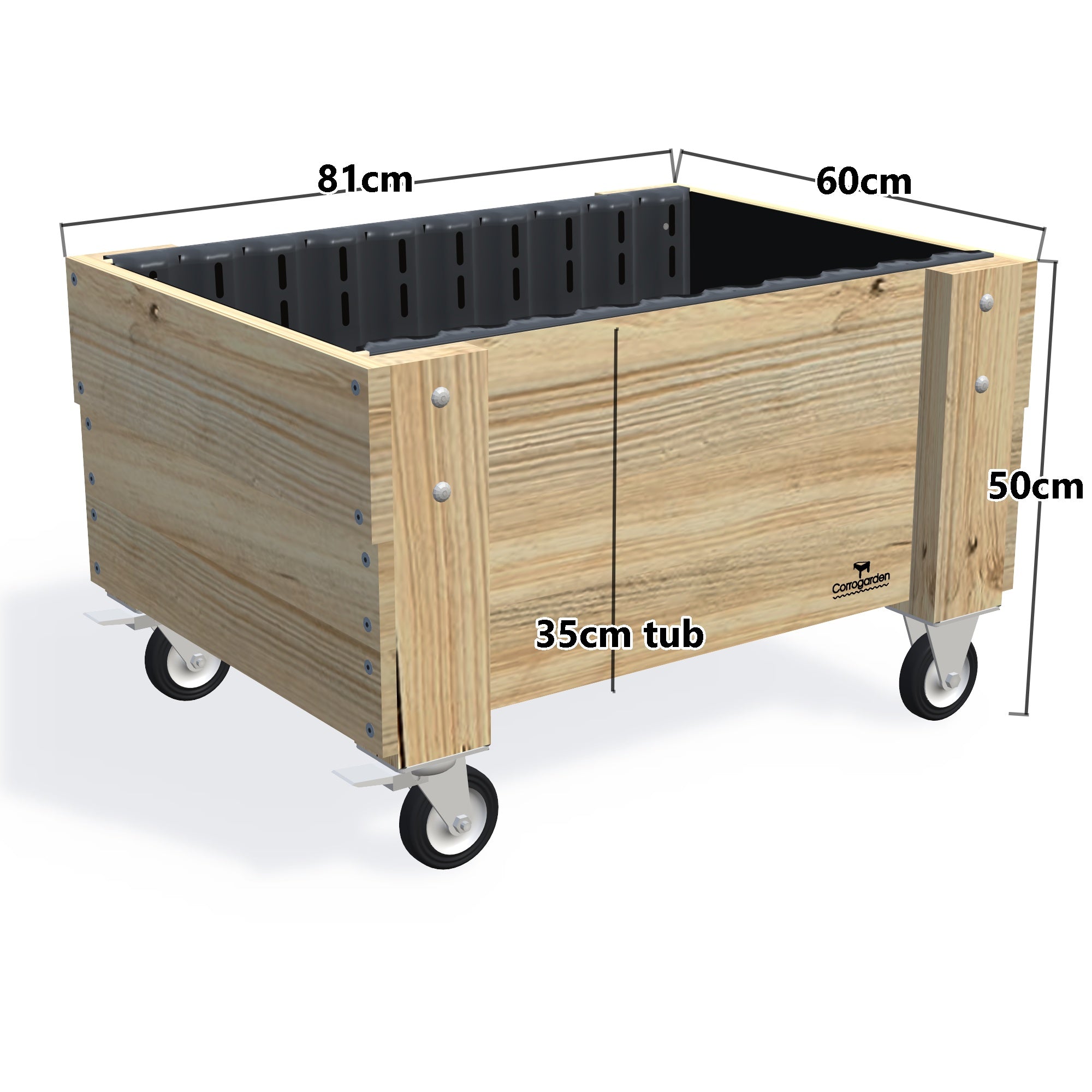 COMPACT Planter Box on Wheels/Castors, 35cm — timber garden bed, dimensions labelled