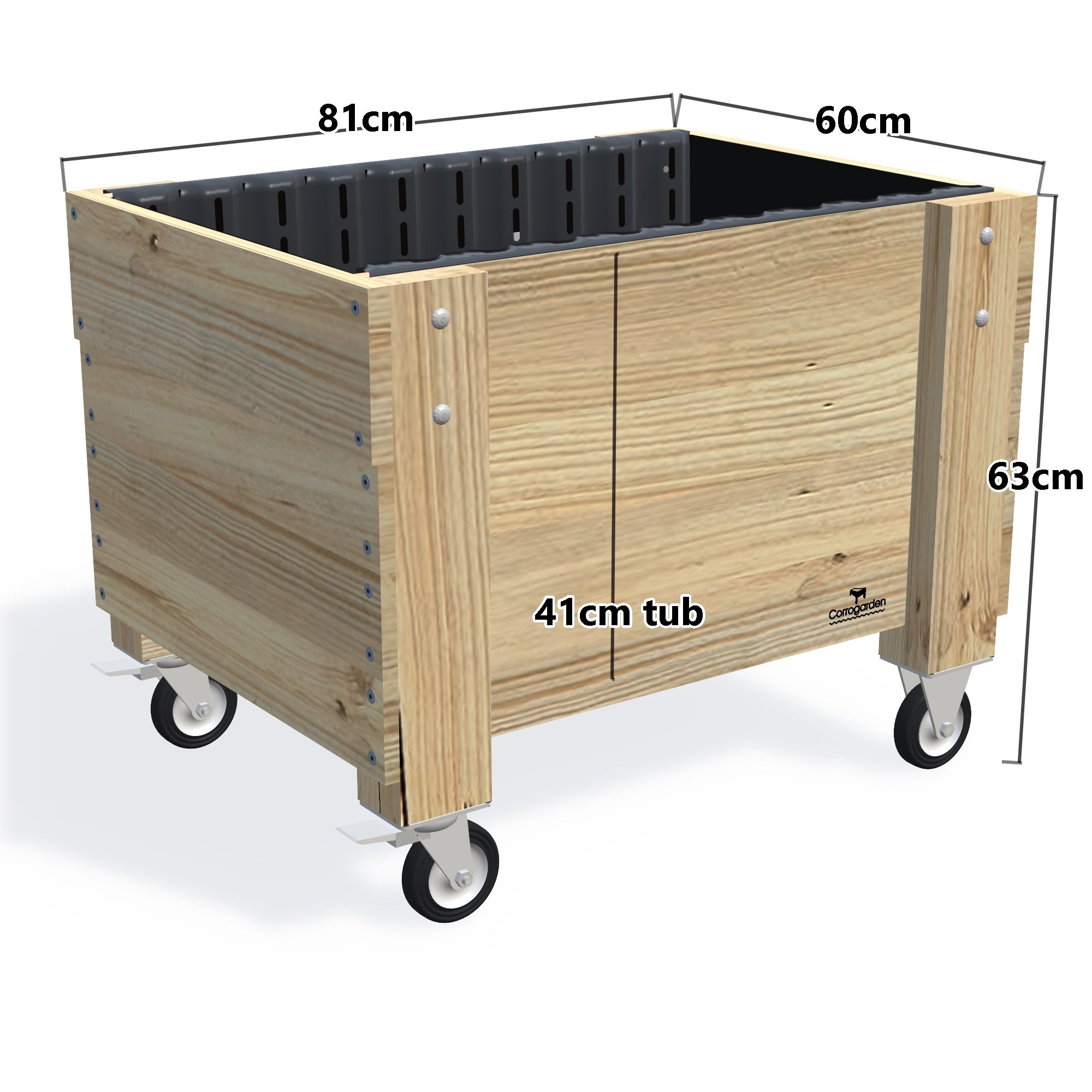 COMPACT Planter Box on Wheels/Castors Kit - 81x60x50cm(h), 41cm — timber garden bed, dimensions labelled