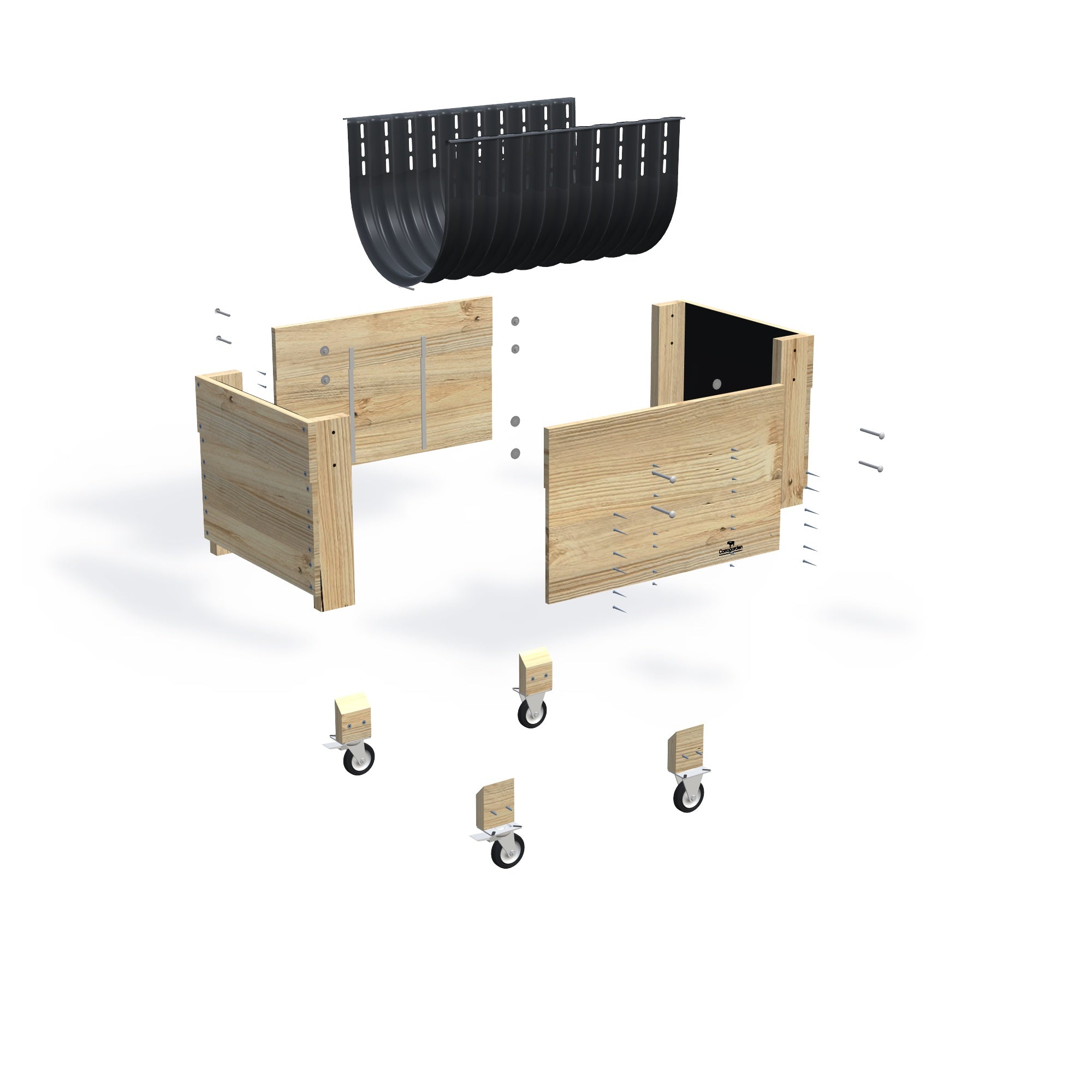 COMPACT Planter Box on Wheels/Castors Kit - 81x60x50cm(h), 41cm — exploded view of the flat-pack timber planter box kit, showing the parts supplied