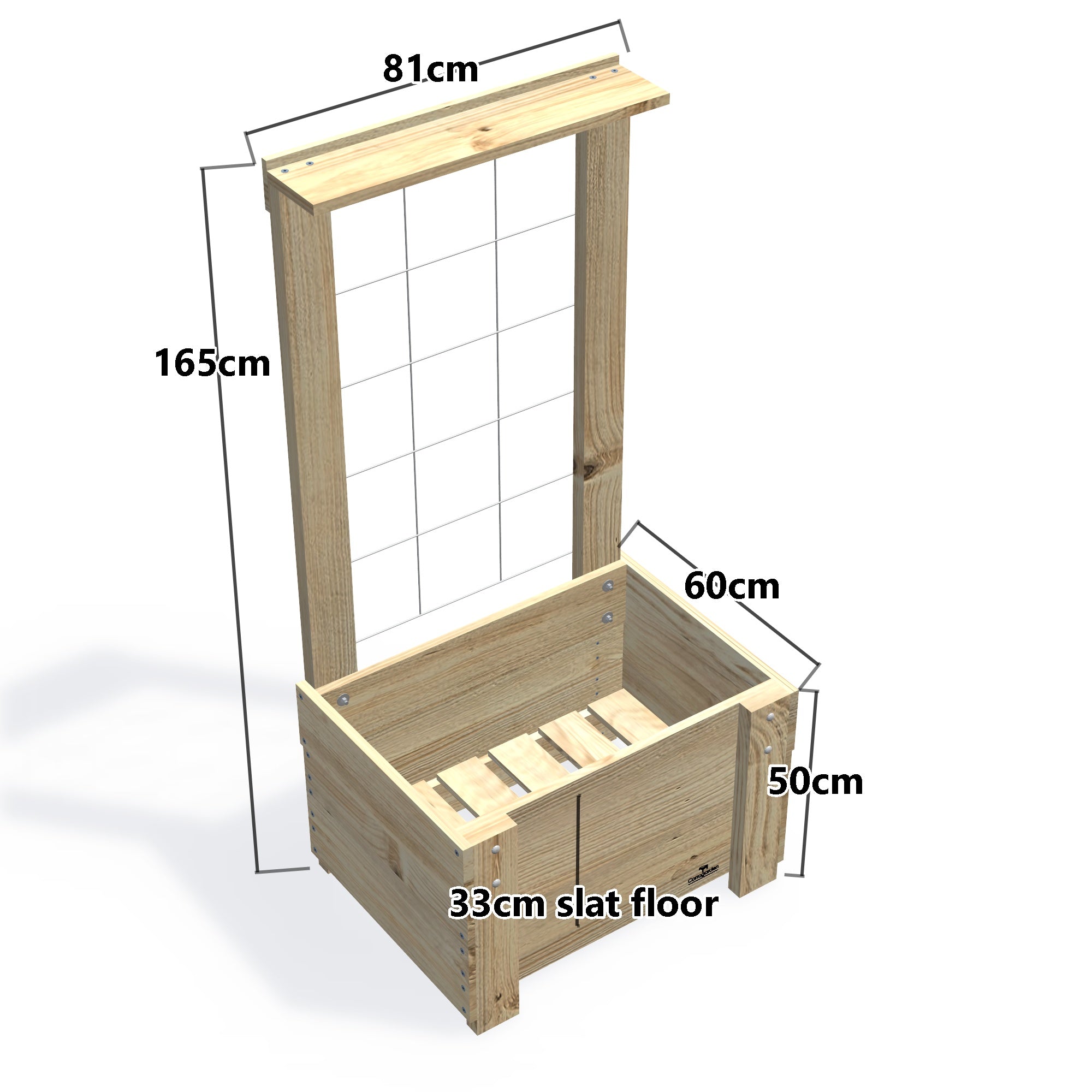 COMPACT Planter Box with Trellis & Pot Shelf, 33cm (Slatted Base) — timber garden bed, dimensions labelled