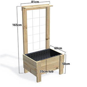 COMPACT Planter Box with Trellis & Pot Shelf, 35cm — timber garden bed, dimensions labelled