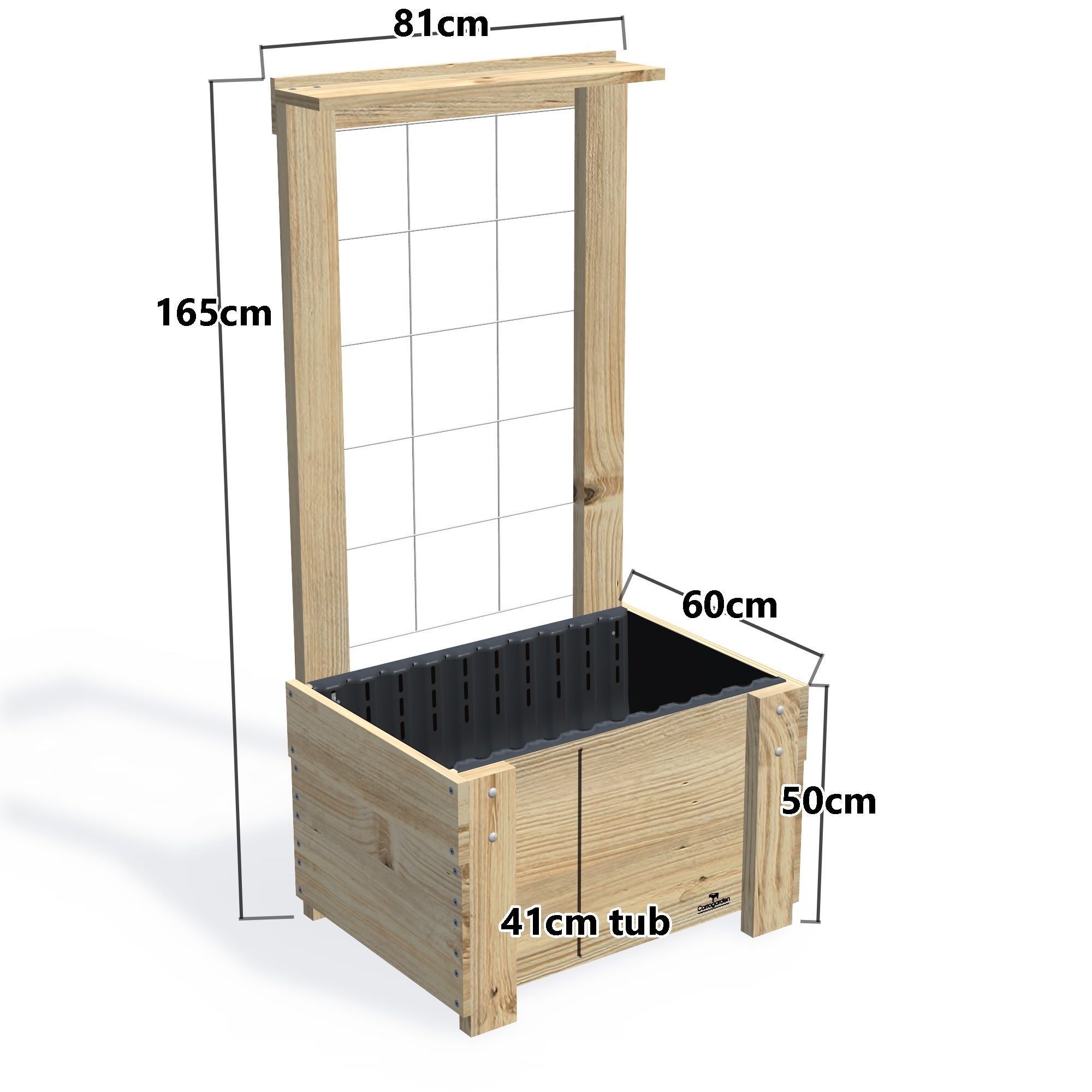 COMPACT Planter Box with Trellis & Pot Shelf, 41cm — timber garden bed, dimensions labelled