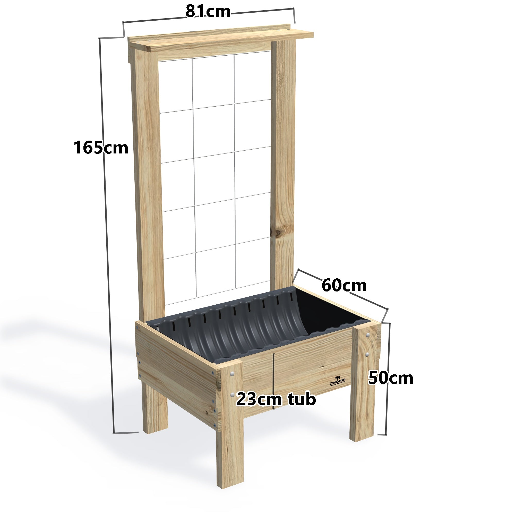 COMPACT Planter Box with Trellis & Pot Shelf Kit, 23cm — timber garden bed, dimensions labelled