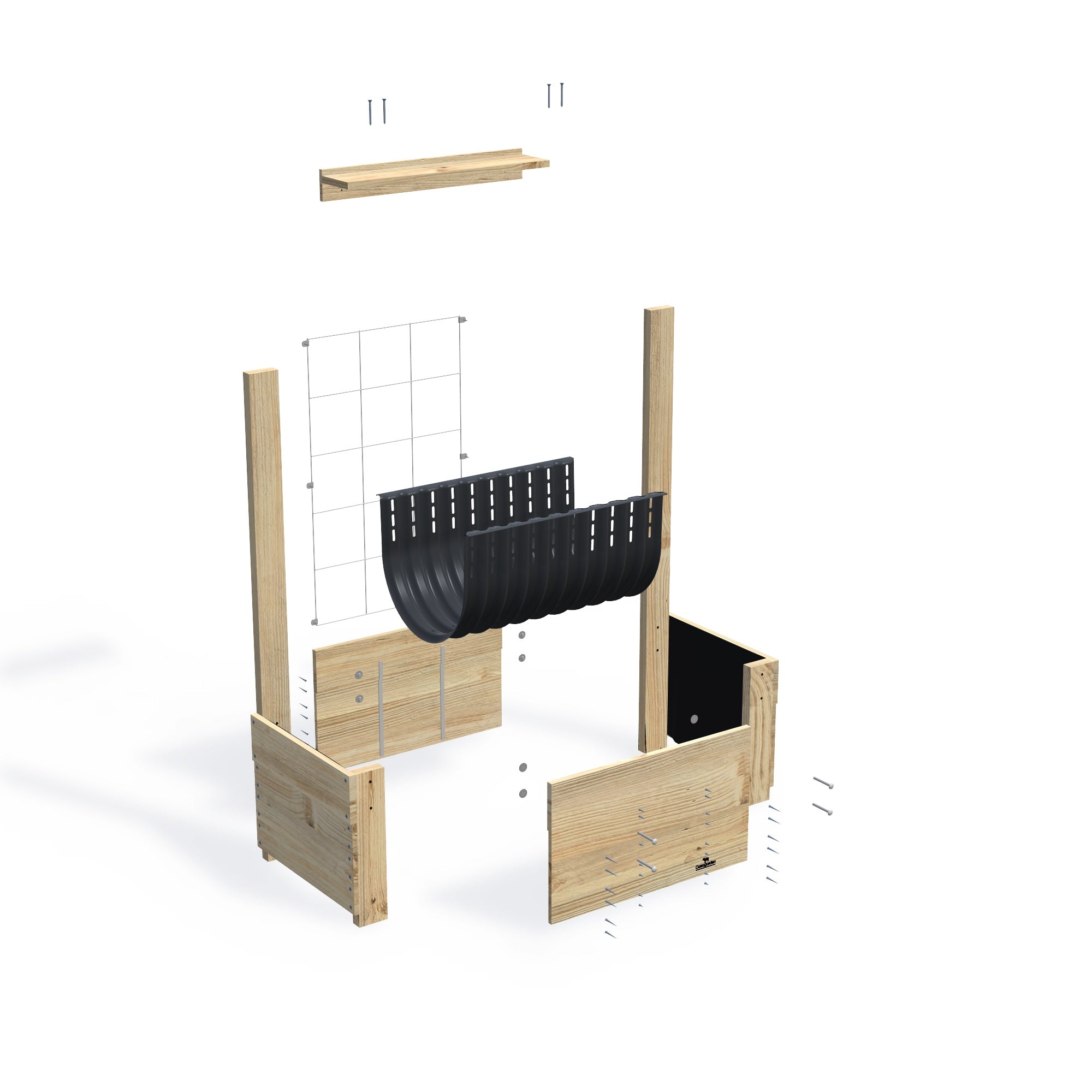 COMPACT Planter Box with Trellis & Pot Shelf Kit, 41cm — exploded view of the flat-pack timber planter box kit, showing the parts supplied
