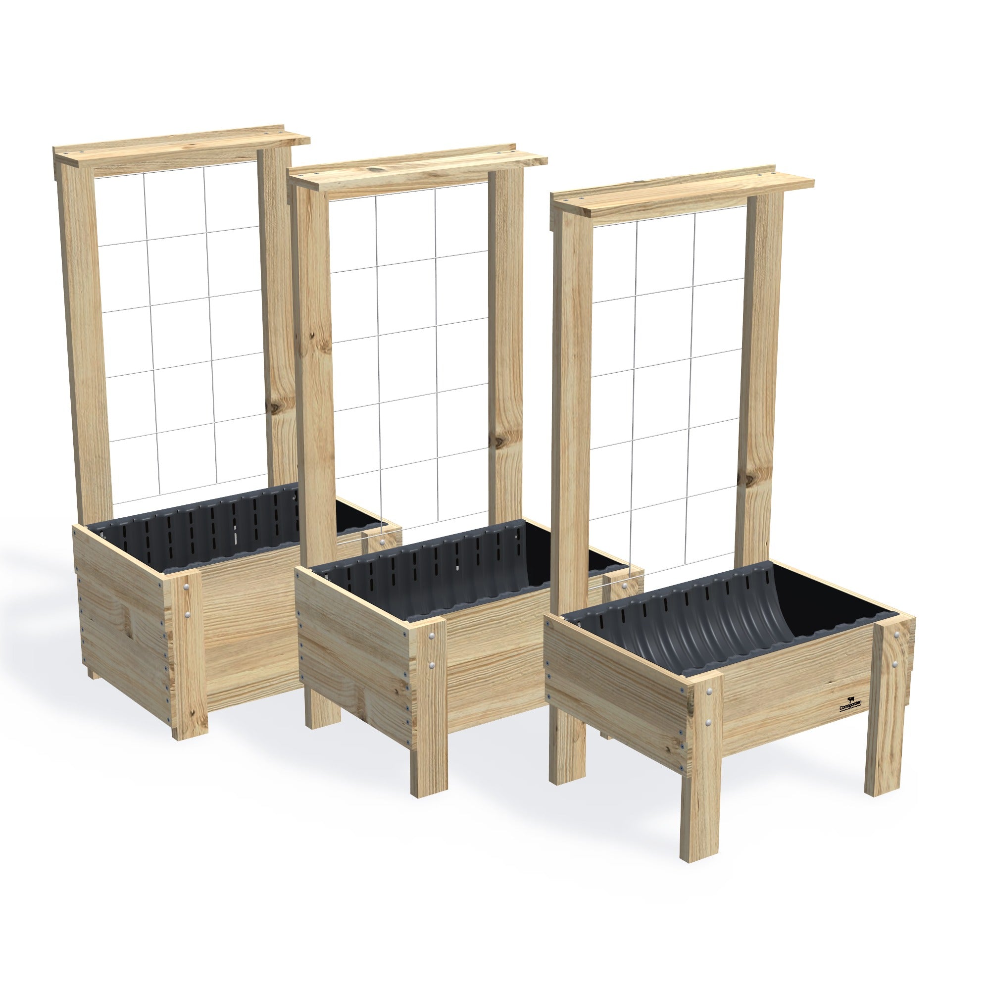 COMPACT Planter Box with Trellis & Pot Shelf Kit — the full range of timber garden beds, shown together