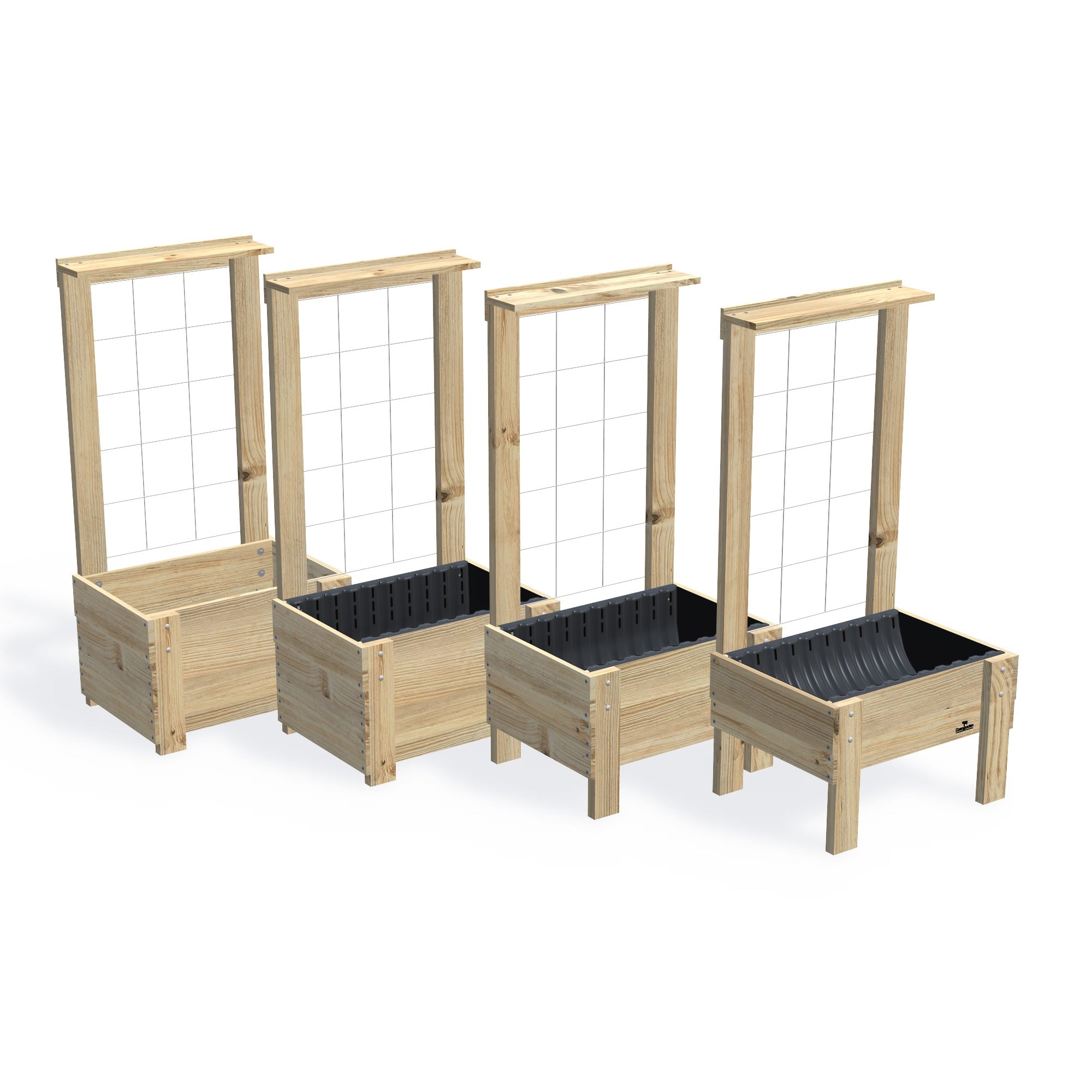 COMPACT Planter Box with Trellis & Pot Shelf — the full range of timber garden beds, shown together