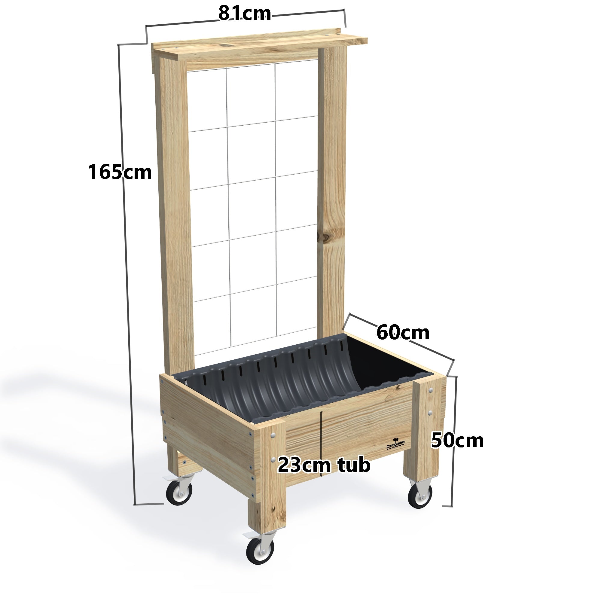 COMPACT Planter Box with Trellis, Pot Shelf & Wheels, 23cm — timber garden bed, dimensions labelled