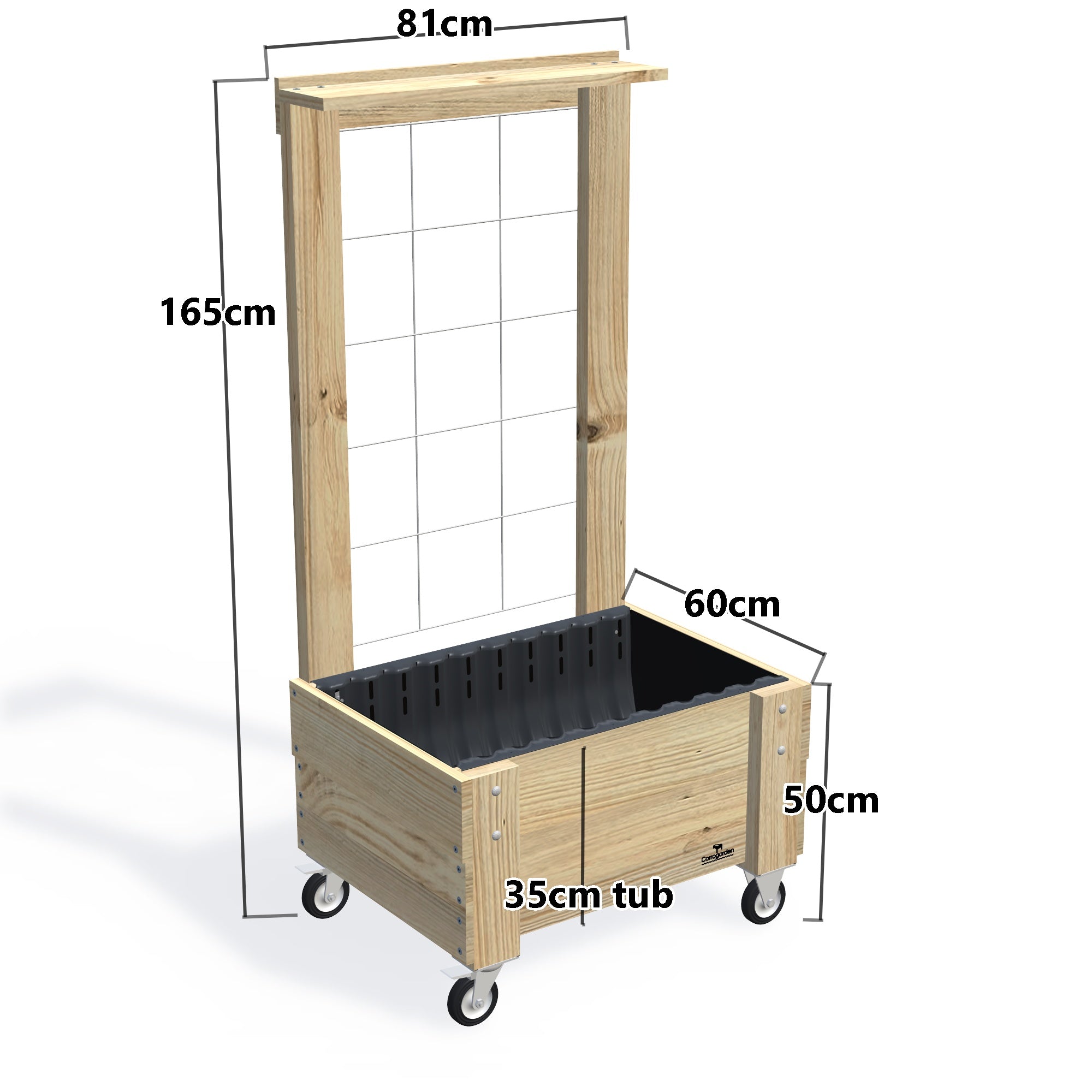 COMPACT Planter Box with Trellis, Pot Shelf & Wheels, 35cm — timber garden bed, dimensions labelled