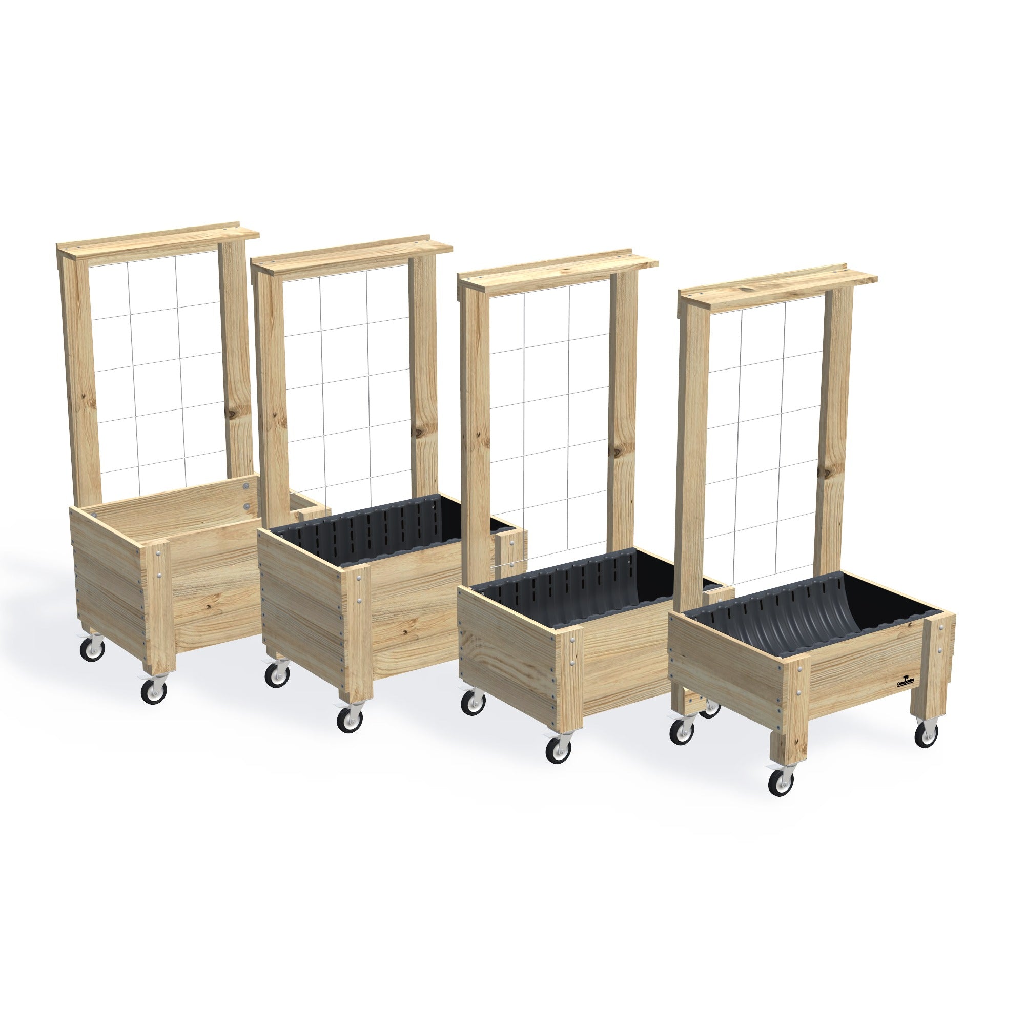 COMPACT Planter Box with Trellis, Pot Shelf & Wheels — the full range of timber garden beds, shown together