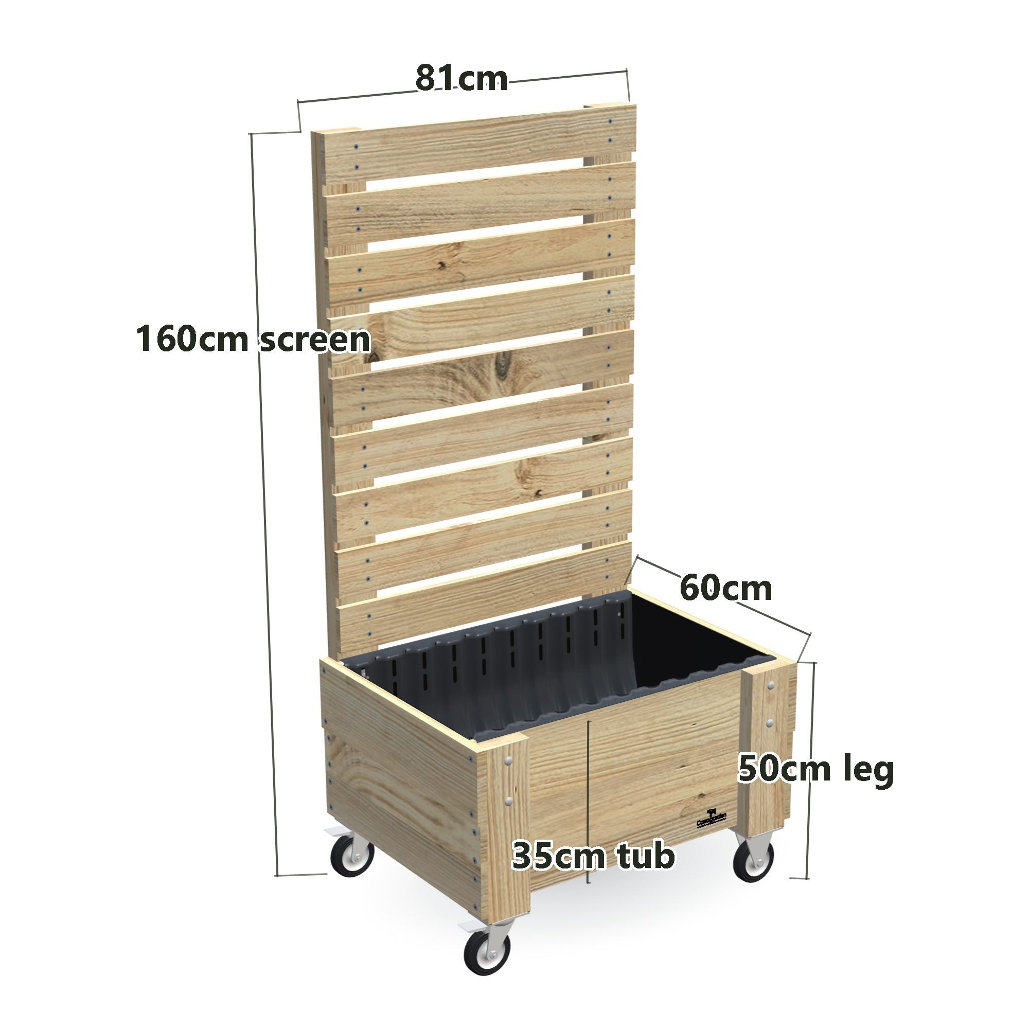 COMPACT Planter Box with Trellis, Pot Shelf & Wheels, Privacy Screen 1.6m / 35cm — timber garden bed, dimensions labelled