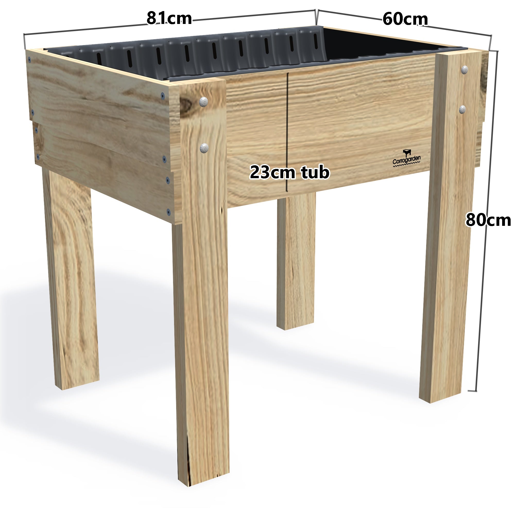 COMPACT Raised Garden Bed on Legs, 23cm — elevated timber raised garden bed on legs, dimensions labelled