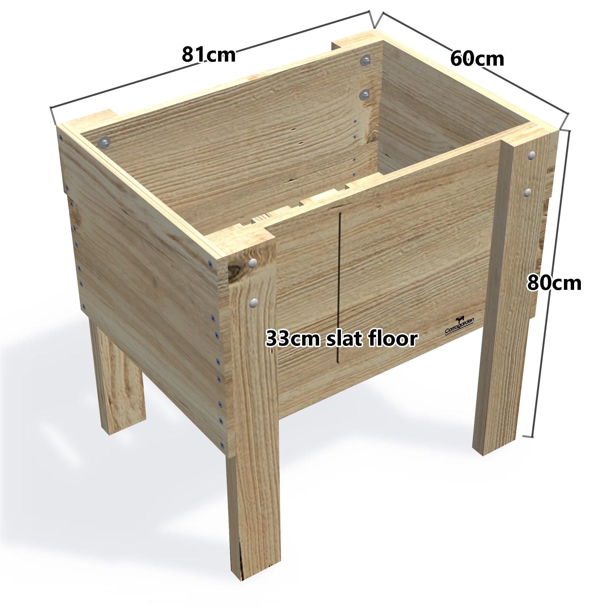 COMPACT Raised Garden Bed on Legs, 33cm (Slatted Base) — elevated timber raised garden bed on legs, dimensions labelled