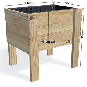COMPACT Raised Garden Bed on Legs, 41cm — elevated timber raised garden bed on legs, dimensions labelled