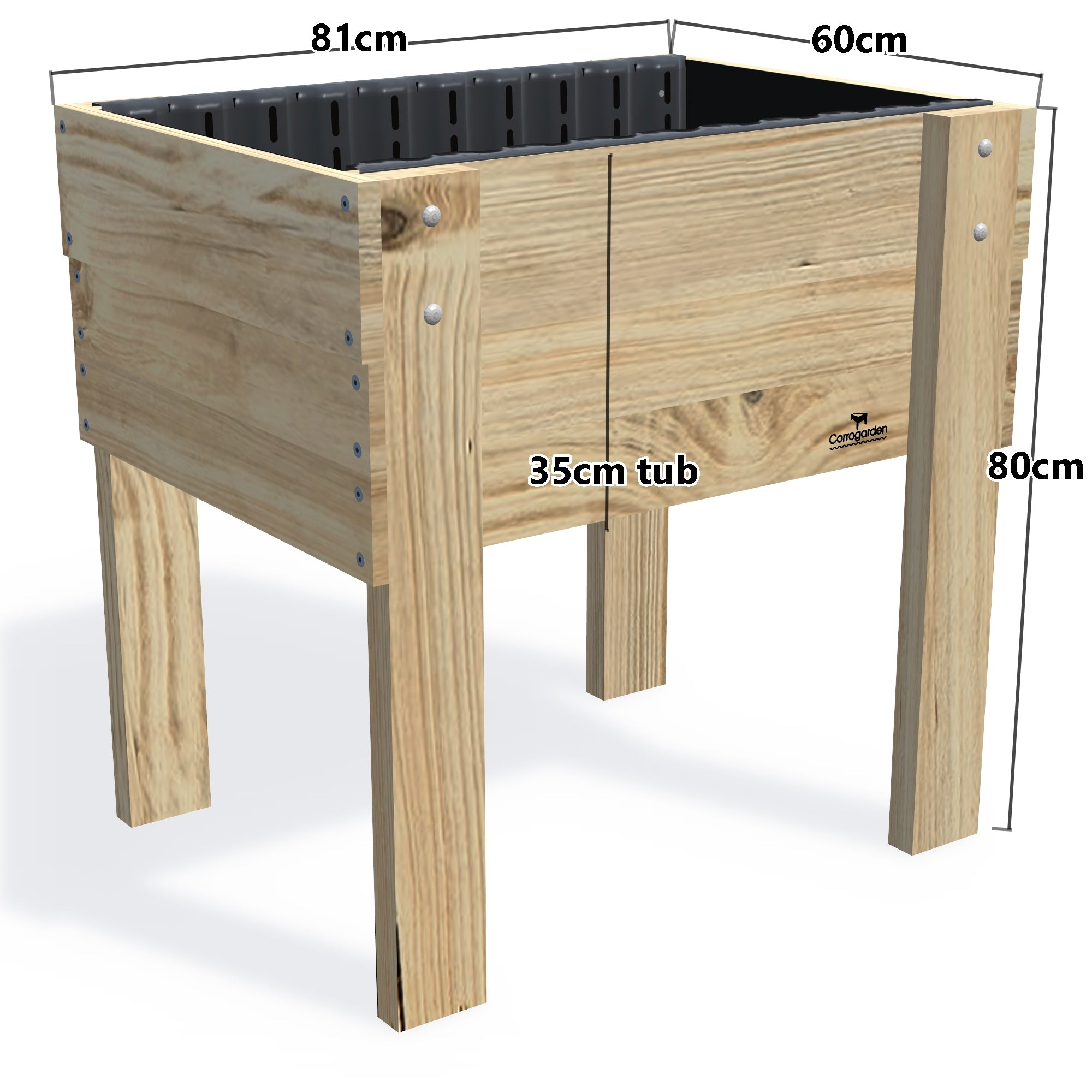 COMPACT Raised Garden Bed on Legs Kit - 81x60x80cm(h), 35cm — timber garden bed, dimensions labelled