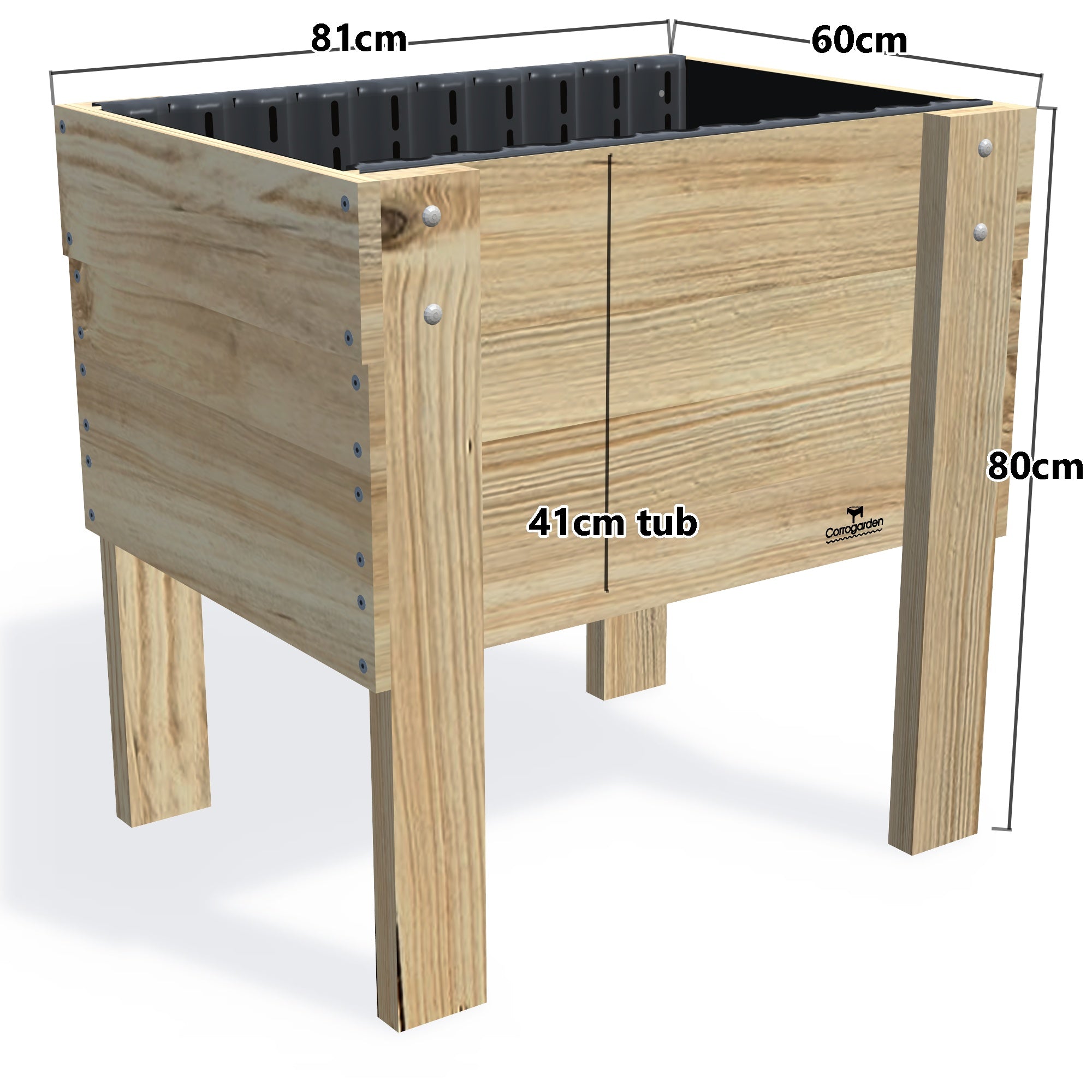COMPACT Raised Garden Bed on Legs Kit - 81x60x80cm(h), 41cm — timber garden bed, dimensions labelled