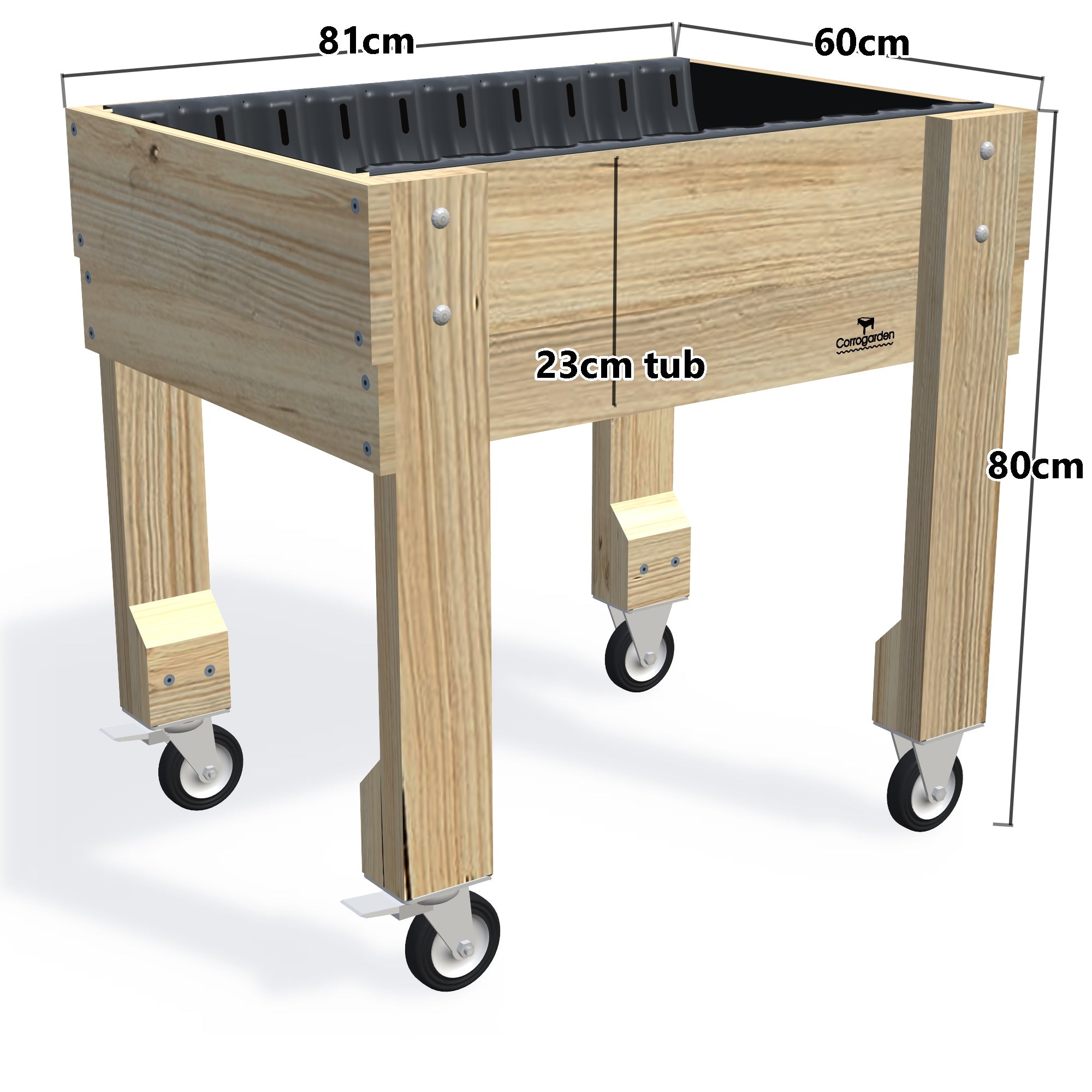 COMPACT Raised Garden Bed on Legs on Wheels/Castors, 23cm — timber garden bed, dimensions labelled