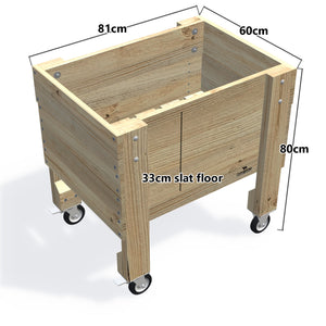 COMPACT Raised Garden Bed on Legs on Wheels/Castors, 33cm (Slatted Base) — timber garden bed, dimensions labelled
