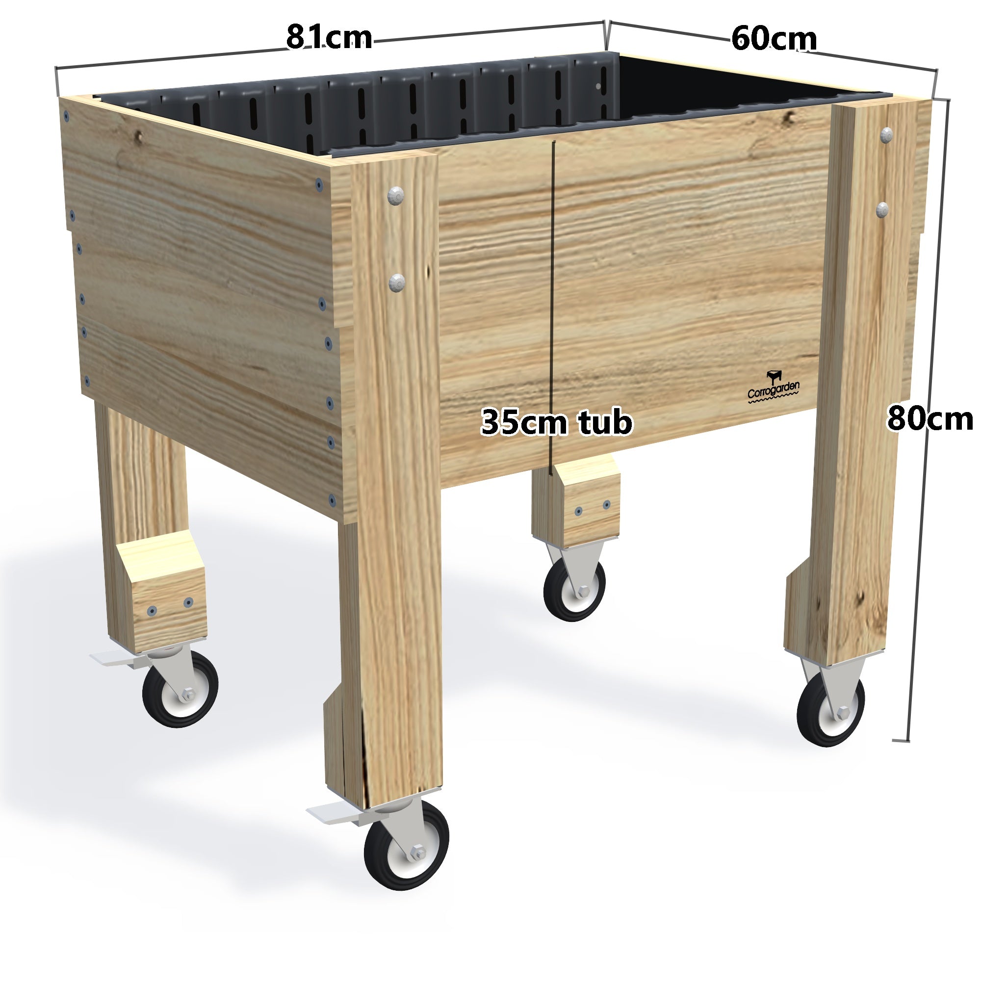 COMPACT Raised Garden Bed on Legs on Wheels/Castors Kit  - 81x60x80cm(h), 35cm — timber garden bed, dimensions labelled
