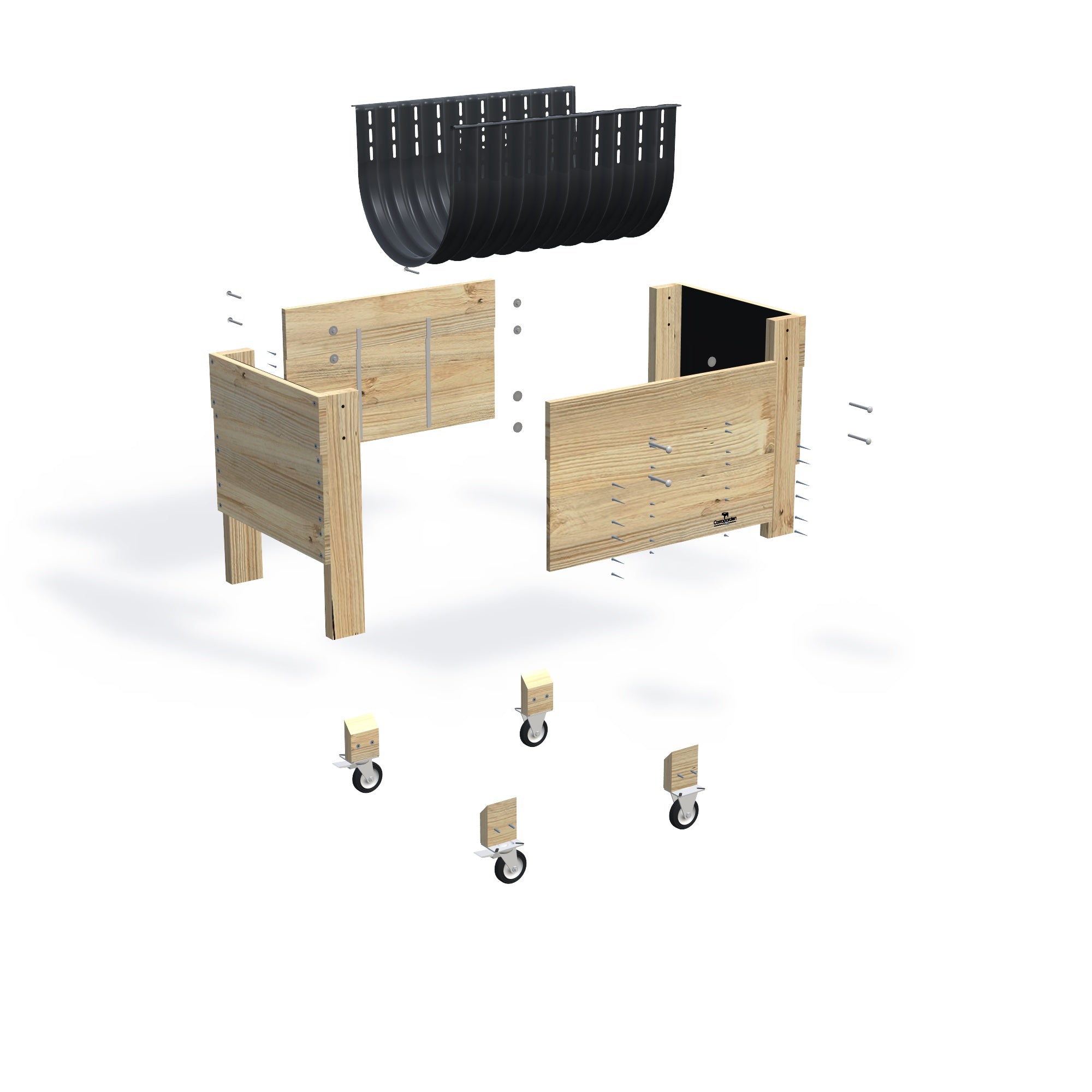 COMPACT Raised Garden Bed on Legs on Wheels/Castors Kit  - 81x60x80cm(h), 41cm — exploded view of the flat-pack timber raised garden bed kit, showing the parts supplied