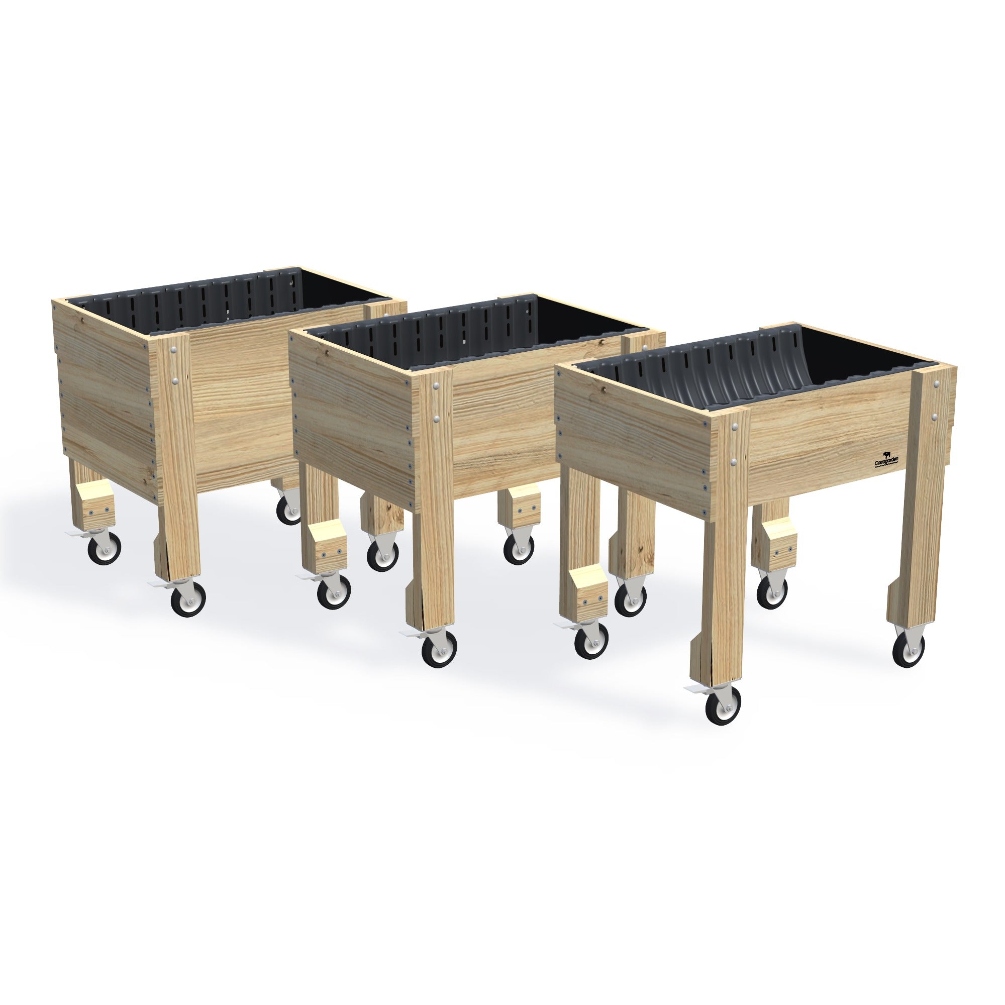 COMPACT Raised Garden Bed on Legs on Wheels/Castors Kit  - 81x60x80cm(h) — the full range of timber garden beds, shown together