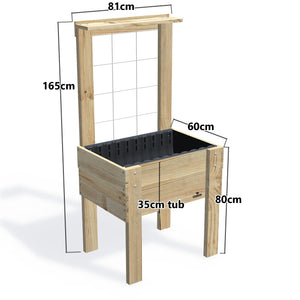 COMPACT Raised Garden Bed with Trellis & Pot Shelf, 35cm — timber garden bed, dimensions labelled