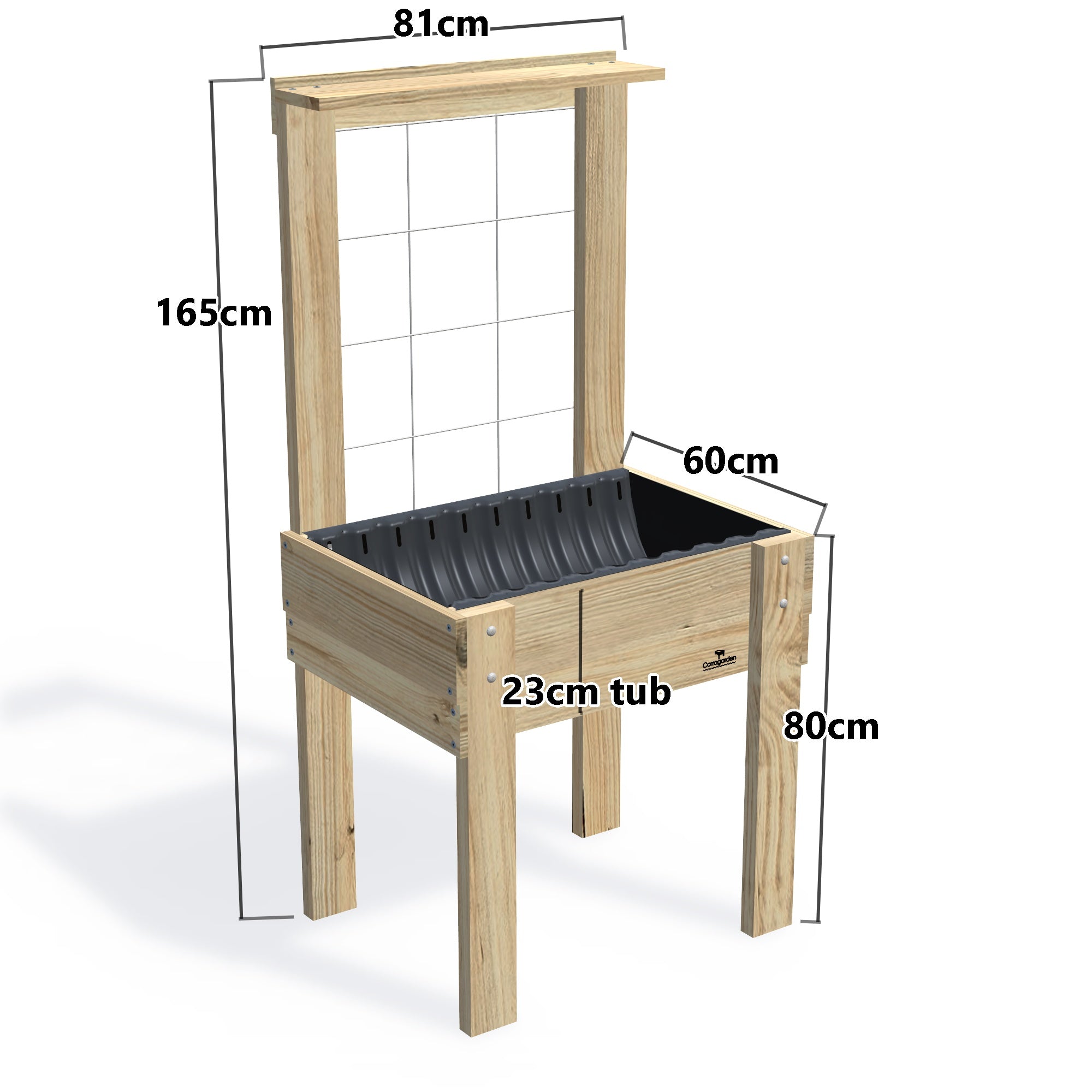 COMPACT Raised Garden Bed with Trellis & Pot Shelf Kit, 23cm — timber garden bed, dimensions labelled