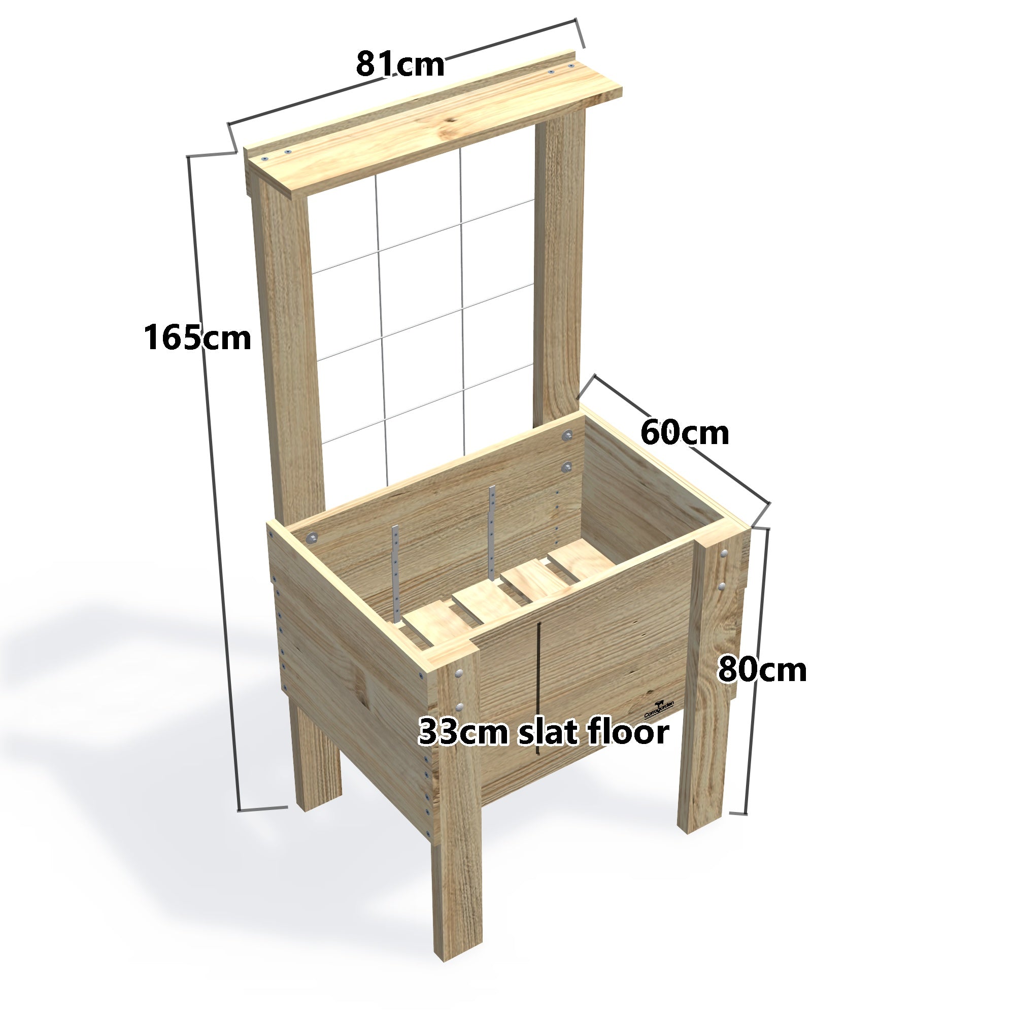 COMPACT Raised Garden Bed with Trellis & Pot Shelf Kit, 33cm (Slatted Base) — timber garden bed, dimensions labelled