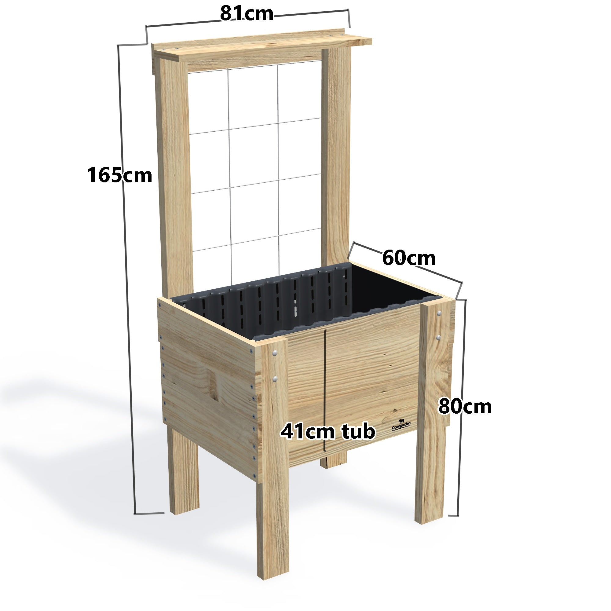 COMPACT Raised Garden Bed with Trellis & Pot Shelf Kit, 41cm — timber garden bed, dimensions labelled