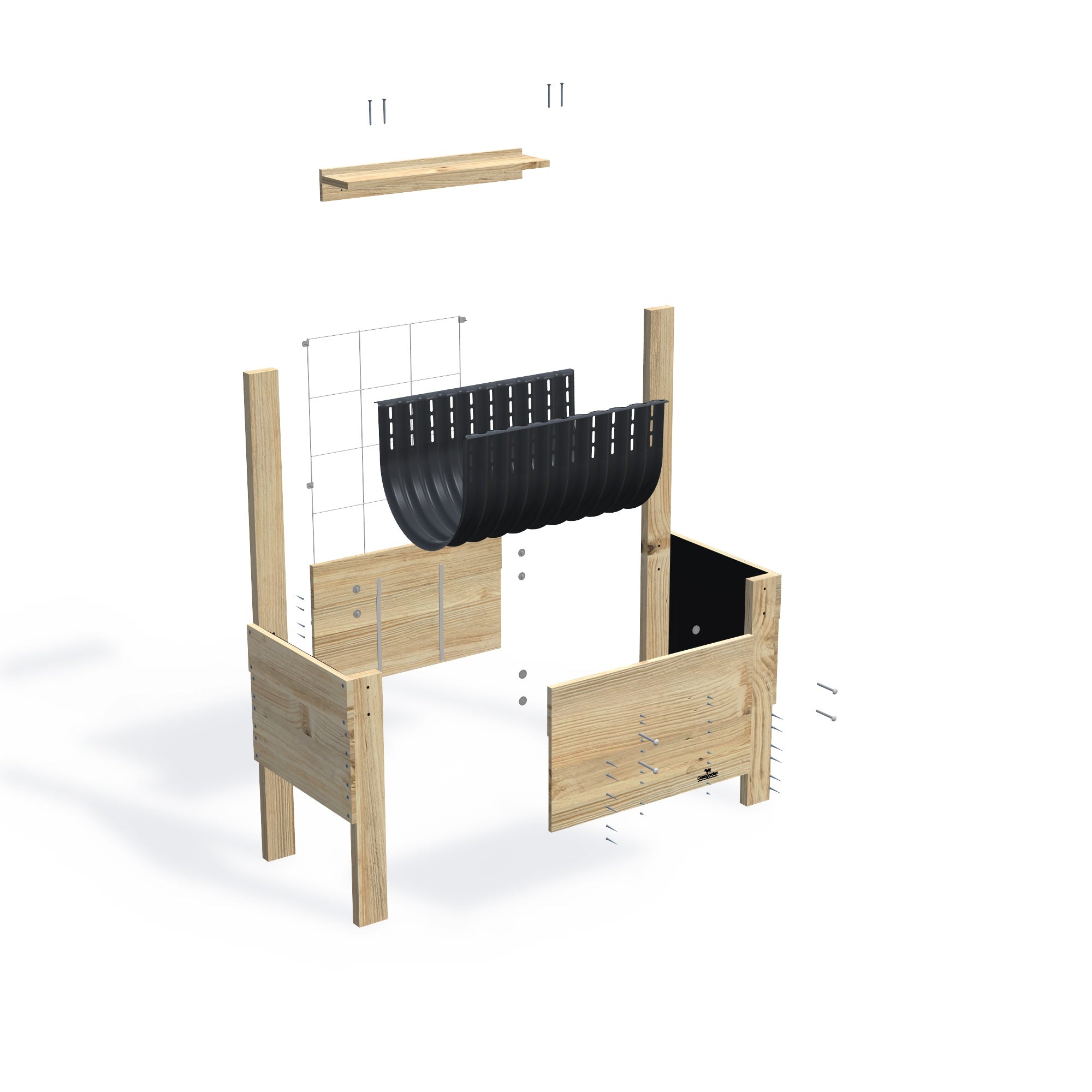 COMPACT Raised Garden Bed with Trellis & Pot Shelf Kit, 41cm — exploded view of the flat-pack timber raised garden bed kit, showing the parts supplied
